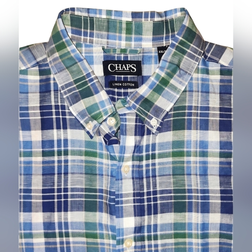 Chaps 2XL Blue and Green Plaid Linen Cotton Blend Button Down Shirt XXL